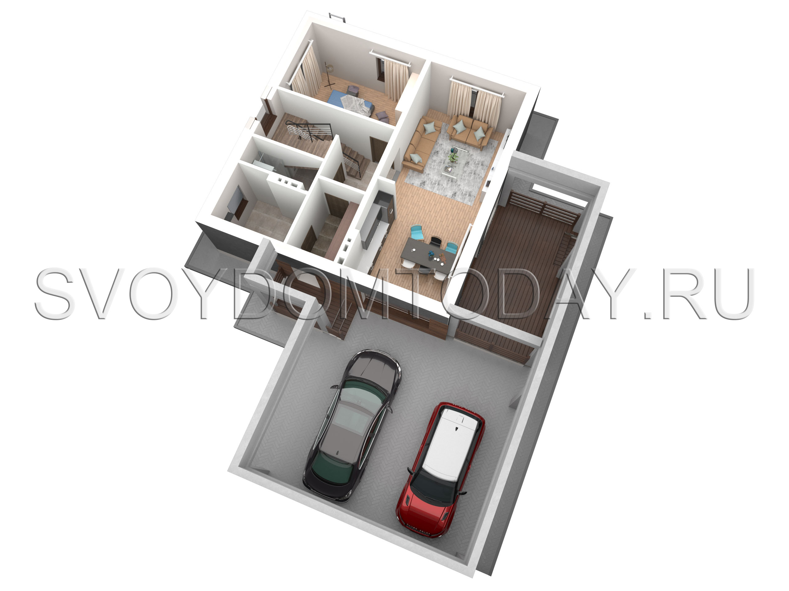 Проект монолитного двухэтажного дома SDT-143-2MG. План 1 этажа 3D