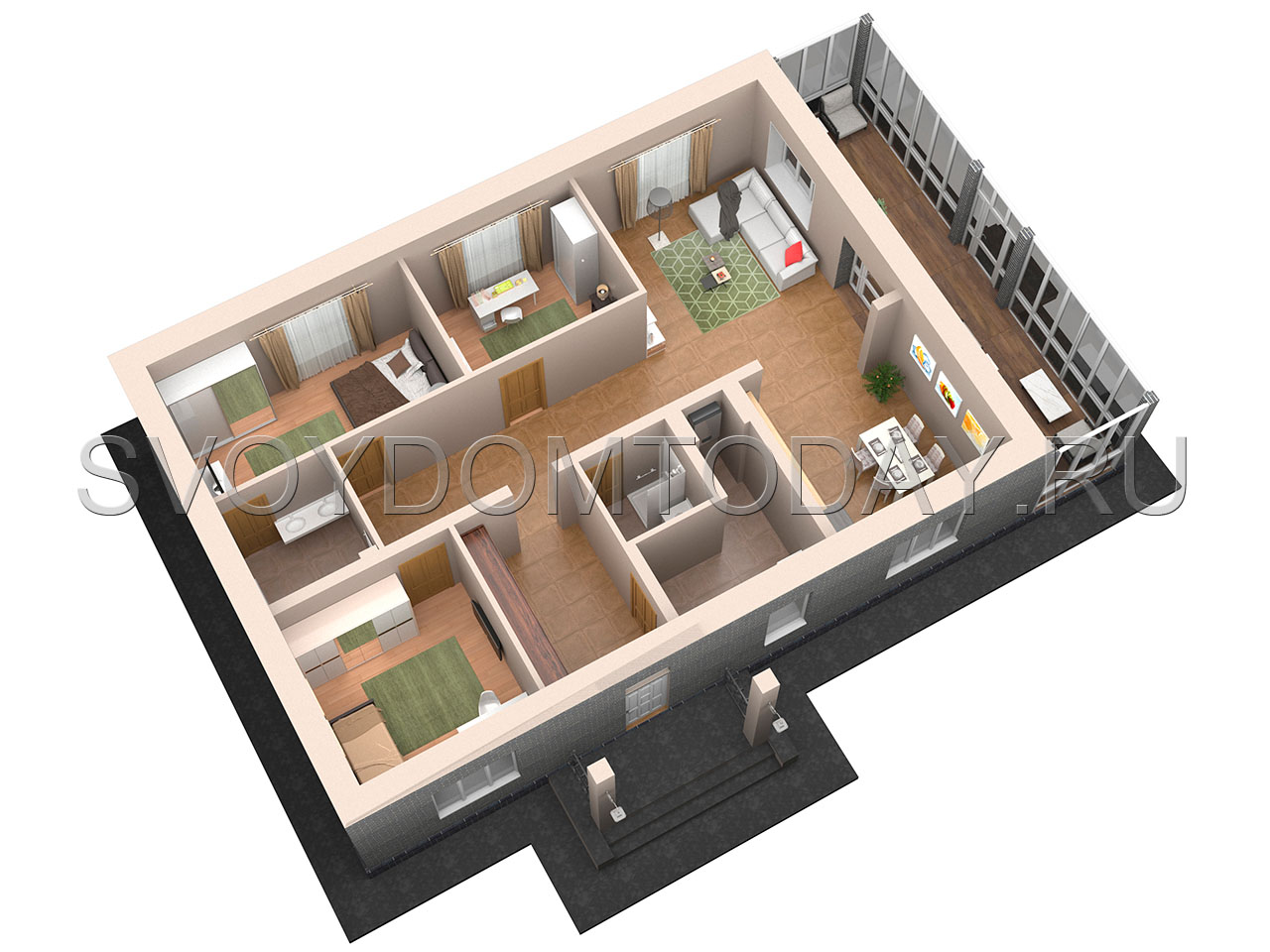 Проект одноэтажного дома из газобетона с верандой SDT-162-1G.G. План этажа 3D
