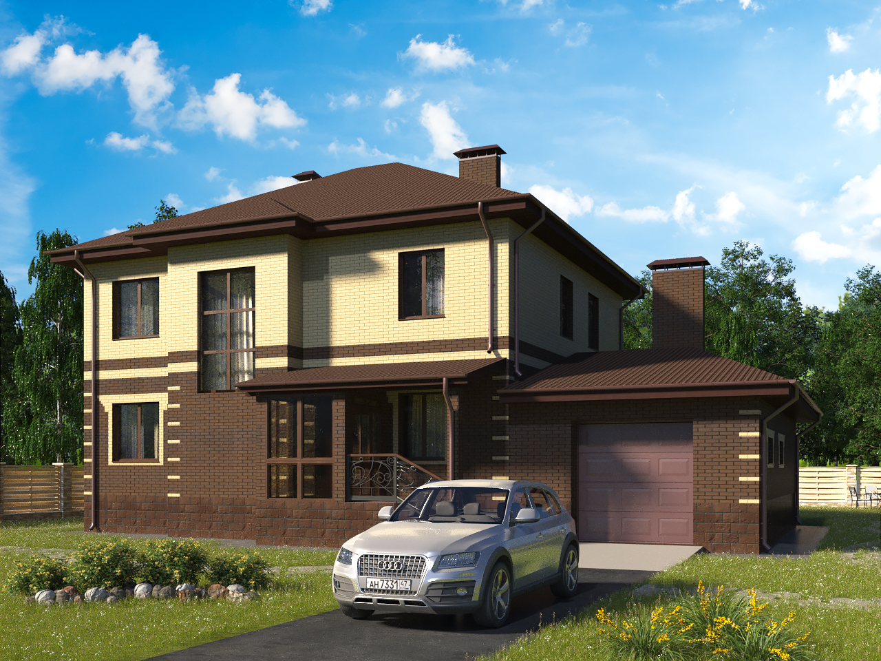 Проект двухэтажного кирпичного дома с двумя эркерами и гаражом SDT-242-2K.G. Фасад 1