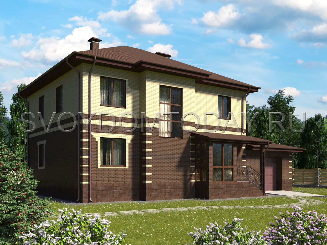 Проект двухэтажного кирпичного дома с двумя эркерами и гаражом SDT-242-2K.G. Фасад 2