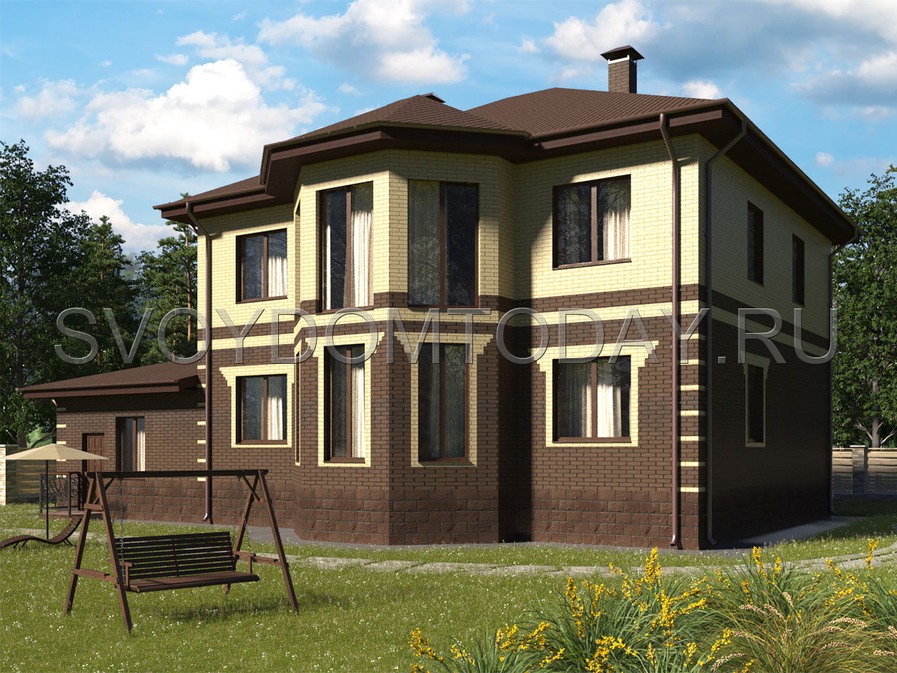 Проект двухэтажного кирпичного дома с двумя эркерами и гаражом SDT-242-2K.G. Фасад 3