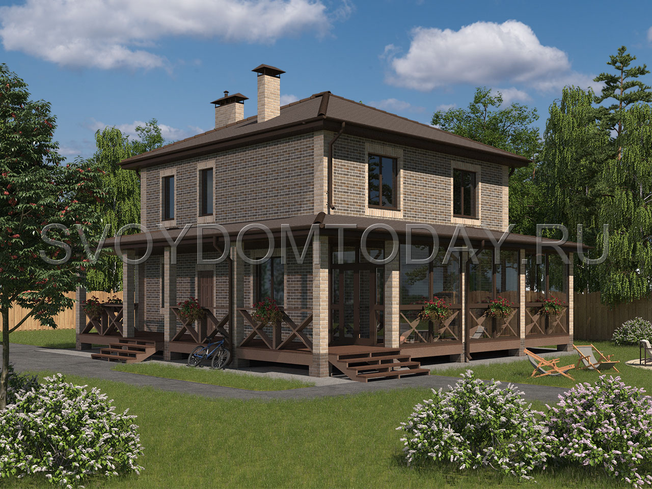 Проект двухэтажного кирпичного дома с террасой и верандой SDT-145-2K.G. Фасад 2
